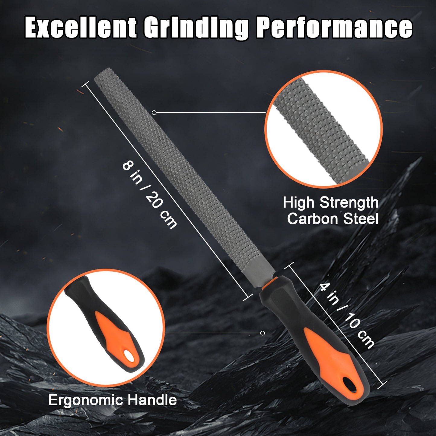 Grinding tool with measurements and features on a dark background