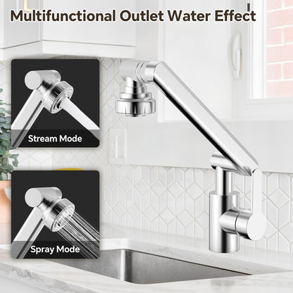 Multifunctional kitchen faucet with stream and spray modes labeled, set against a tiled wall.