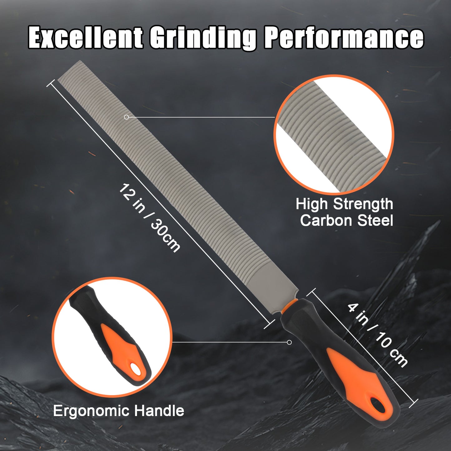 Rasp with ergonomic handle and high strength carbon steel on a dark background