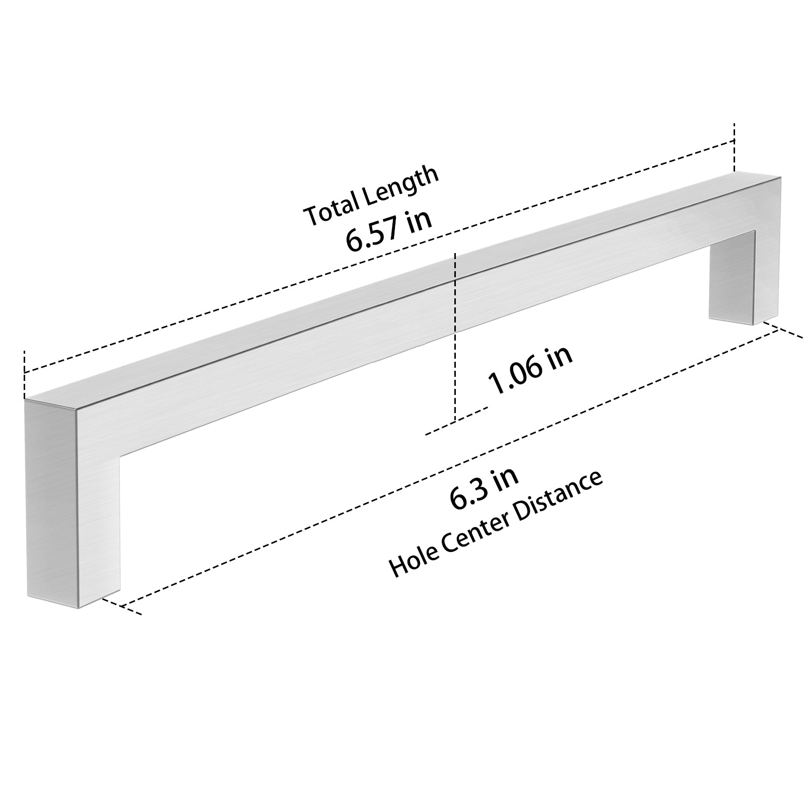 Measurement chart of a metal drawer handle with dimensions labeled.