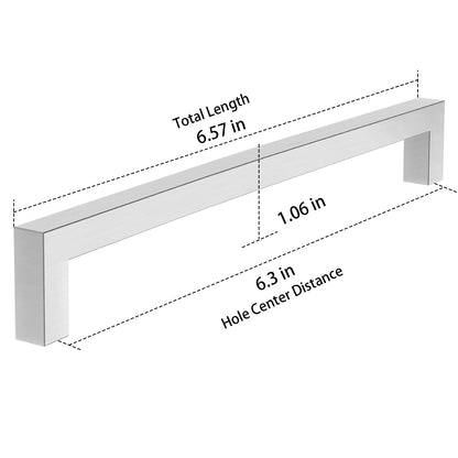 Measurement chart of a metal drawer handle with dimensions labeled.