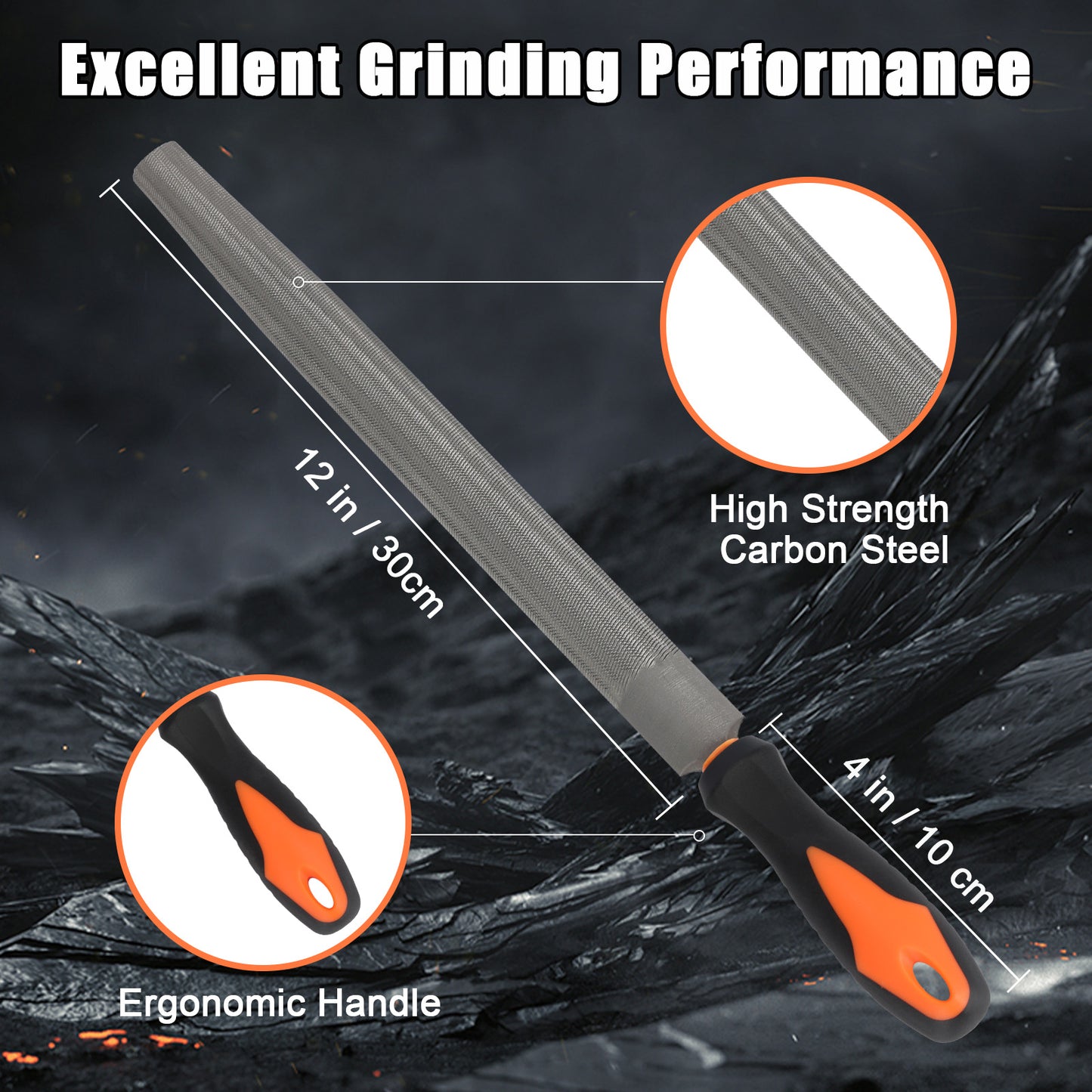 Half-Round File, High Carbon Steel with Ergonomic Rubber Handle for Wood, Metal & Plastic