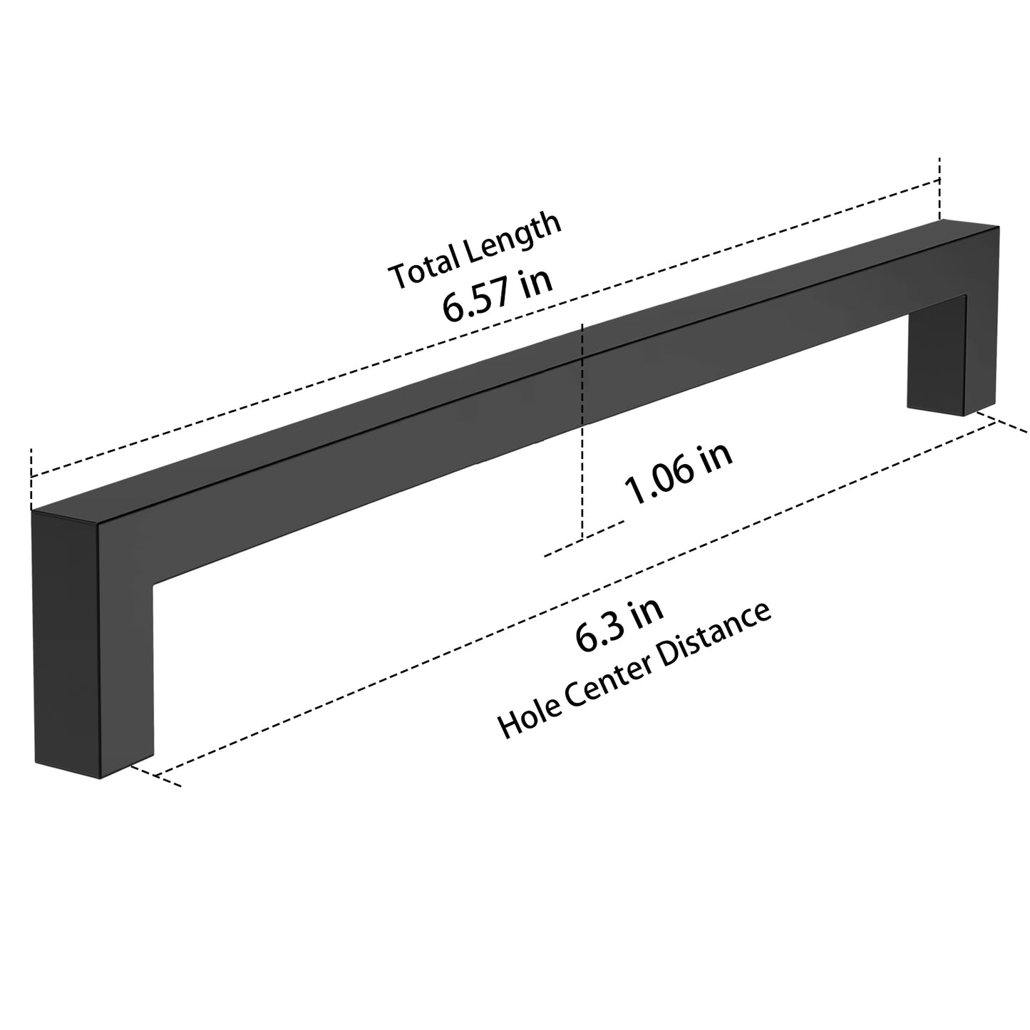 Black cabinet handle with measurements on a white background