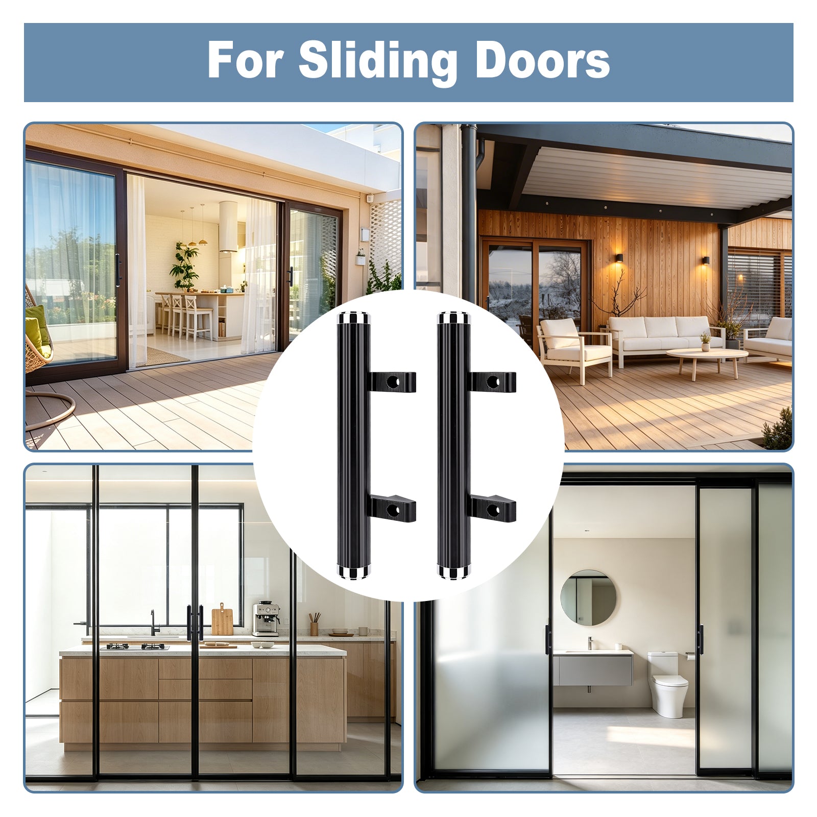 Black metal sliding door handles shown in a circular inset over a collage of modern sliding-door installations in houses, a patio, a kitchen, and a bathroom. The top banner reads 'For Sliding Doors.