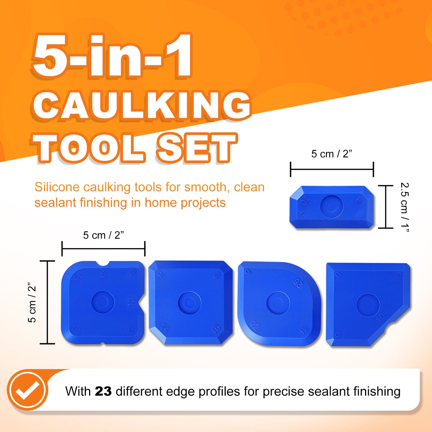 5-in-1 caulking tool set with blue tools on an orange and white background