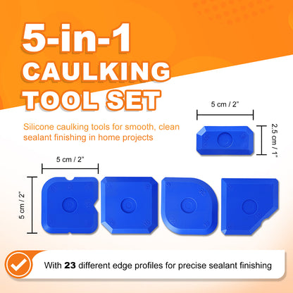 5-in-1 caulking tool set with blue tools on an orange and white background