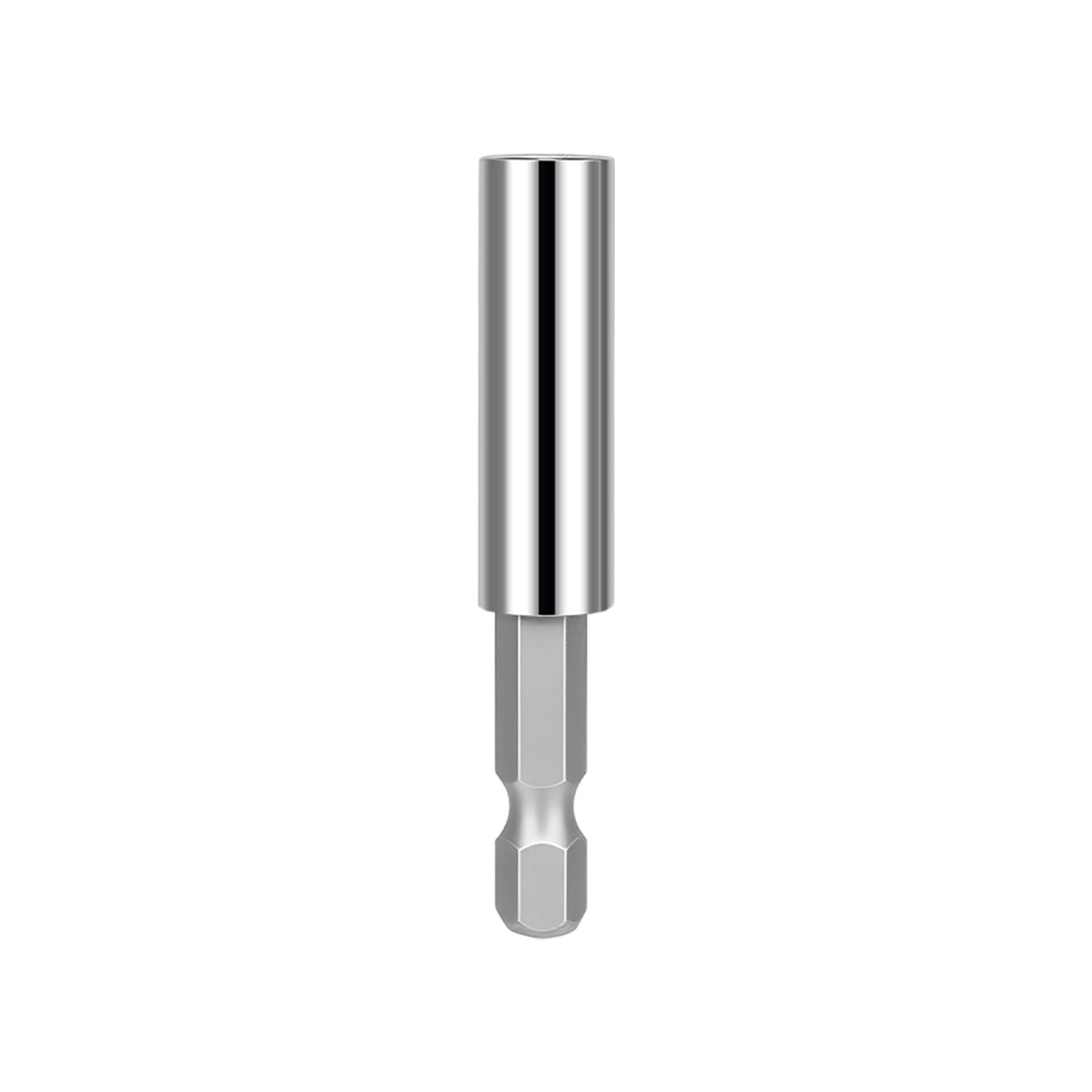 A polished chrome hex bit adapter with a smooth cylindrical shank and a hexagonal shank section, shown vertically on a plain white background.