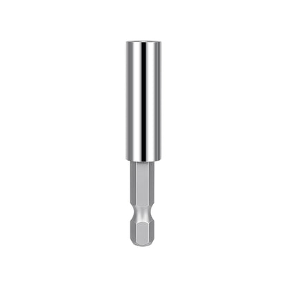 A polished chrome hex bit adapter with a smooth cylindrical shank and a hexagonal shank section, shown vertically on a plain white background.