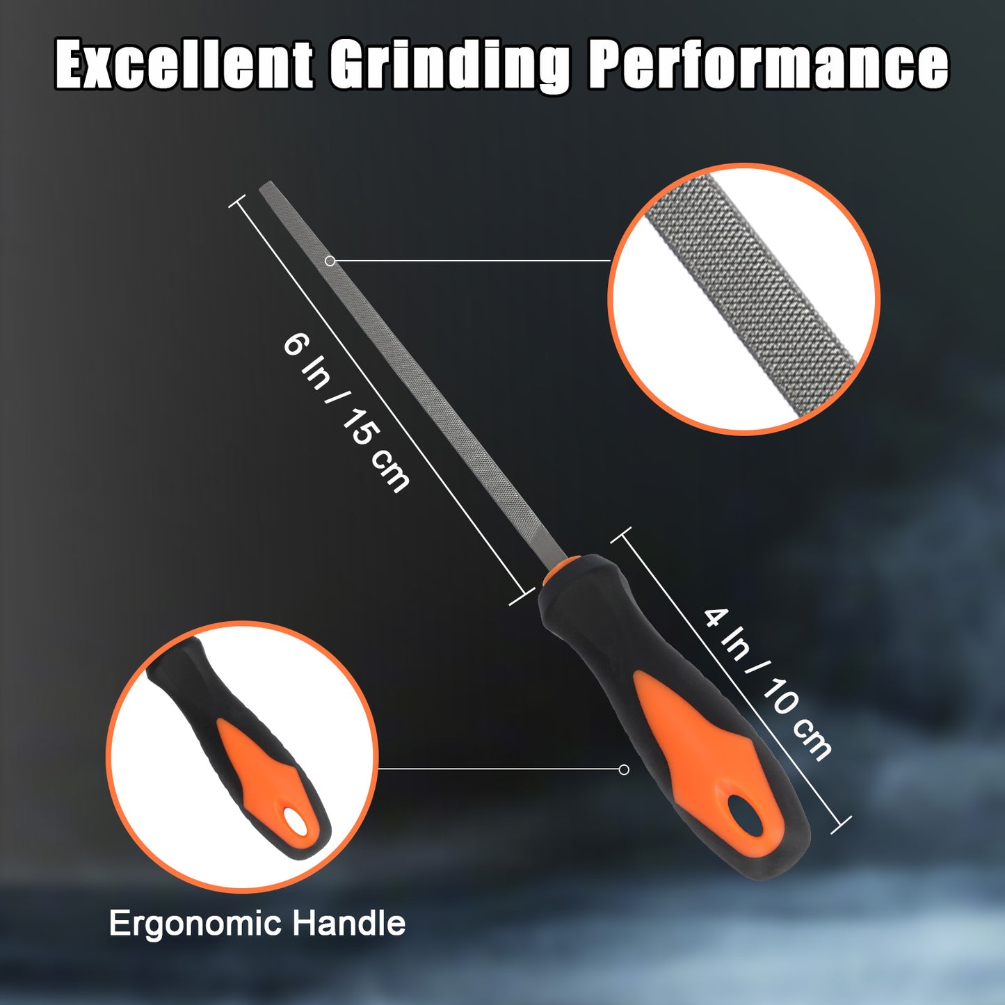 Grinding tool with ergonomic handle and measurements on a dark background