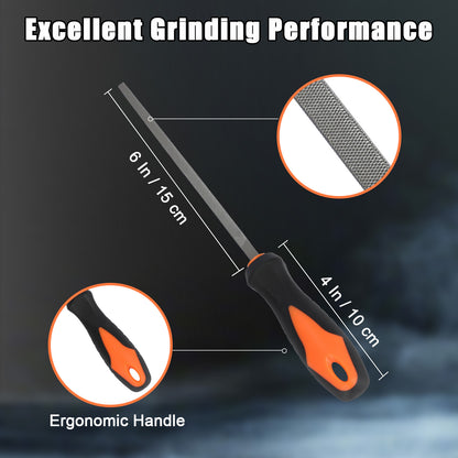 Grinding tool with ergonomic handle and measurements on a dark background