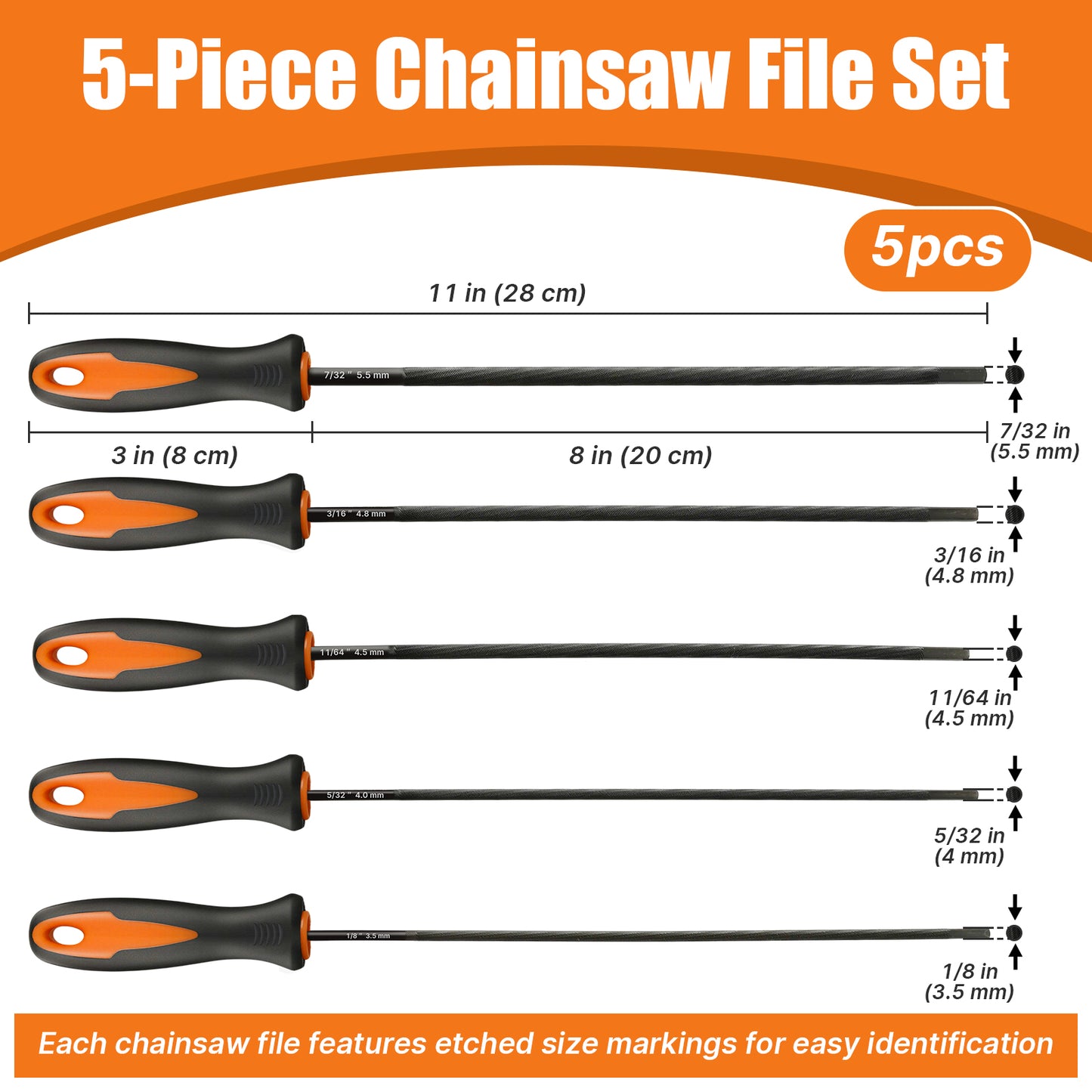 5-piece chainsaw file set with measurements on an orange and white background