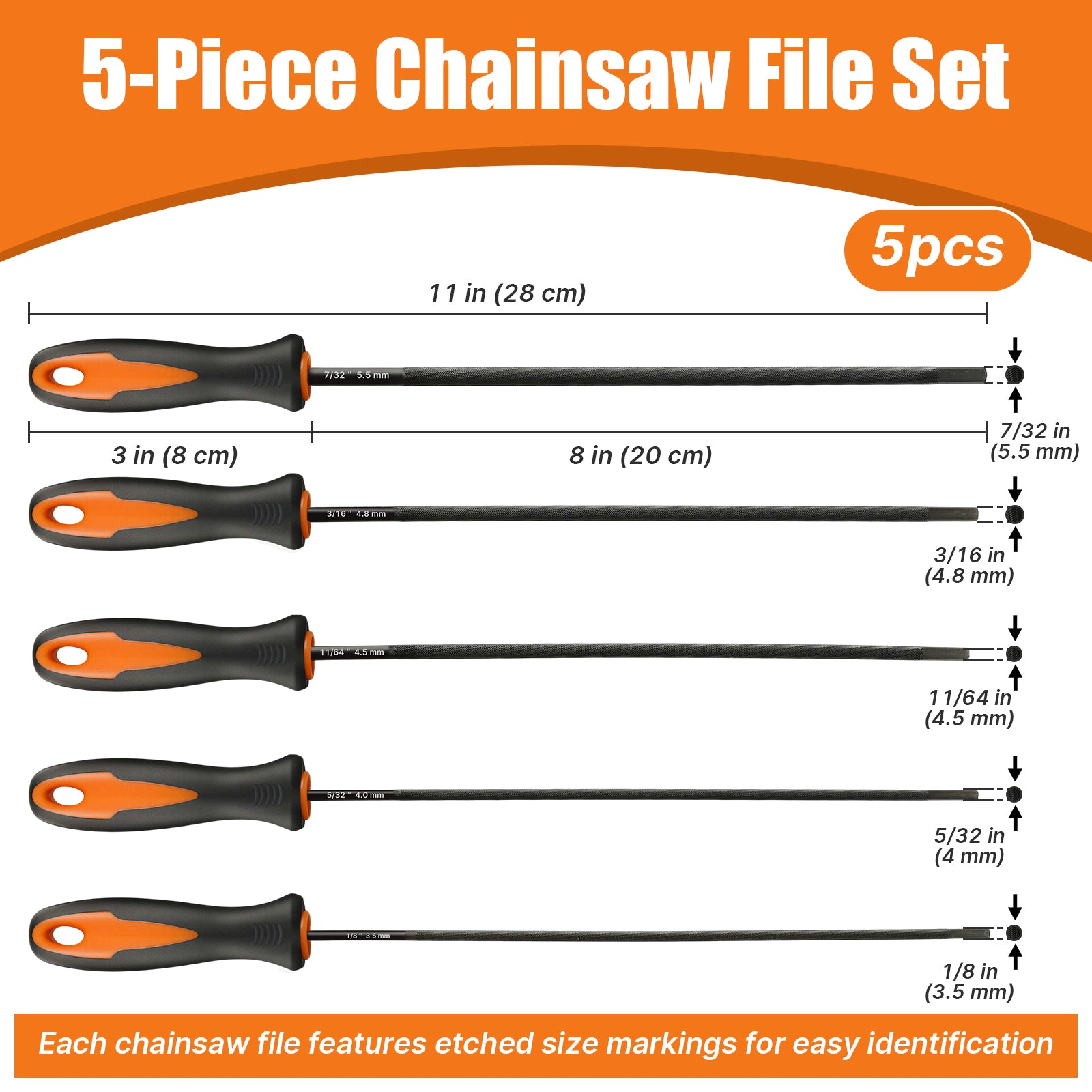 5-piece chainsaw file set with measurements on an orange and white background