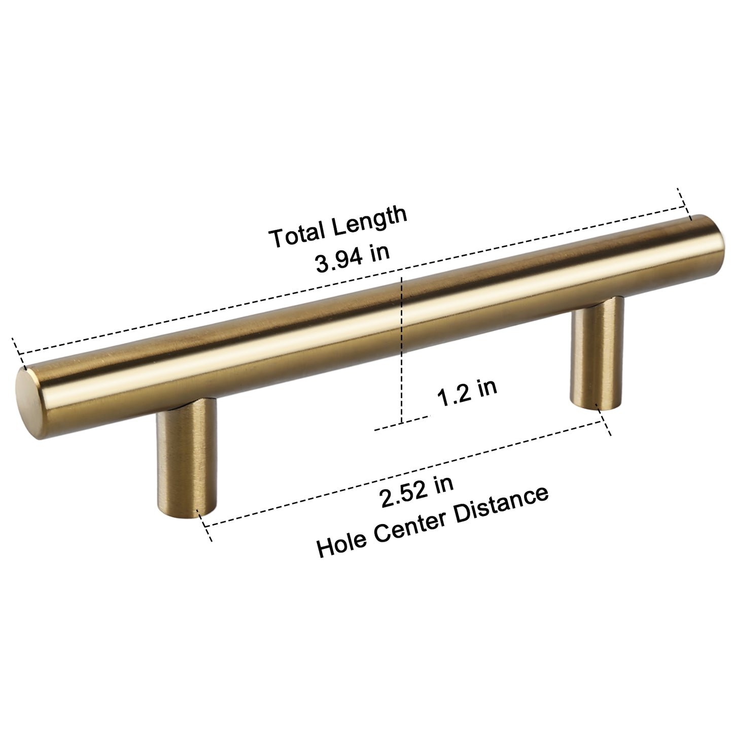 Gold cabinet handle with measurements on a white background