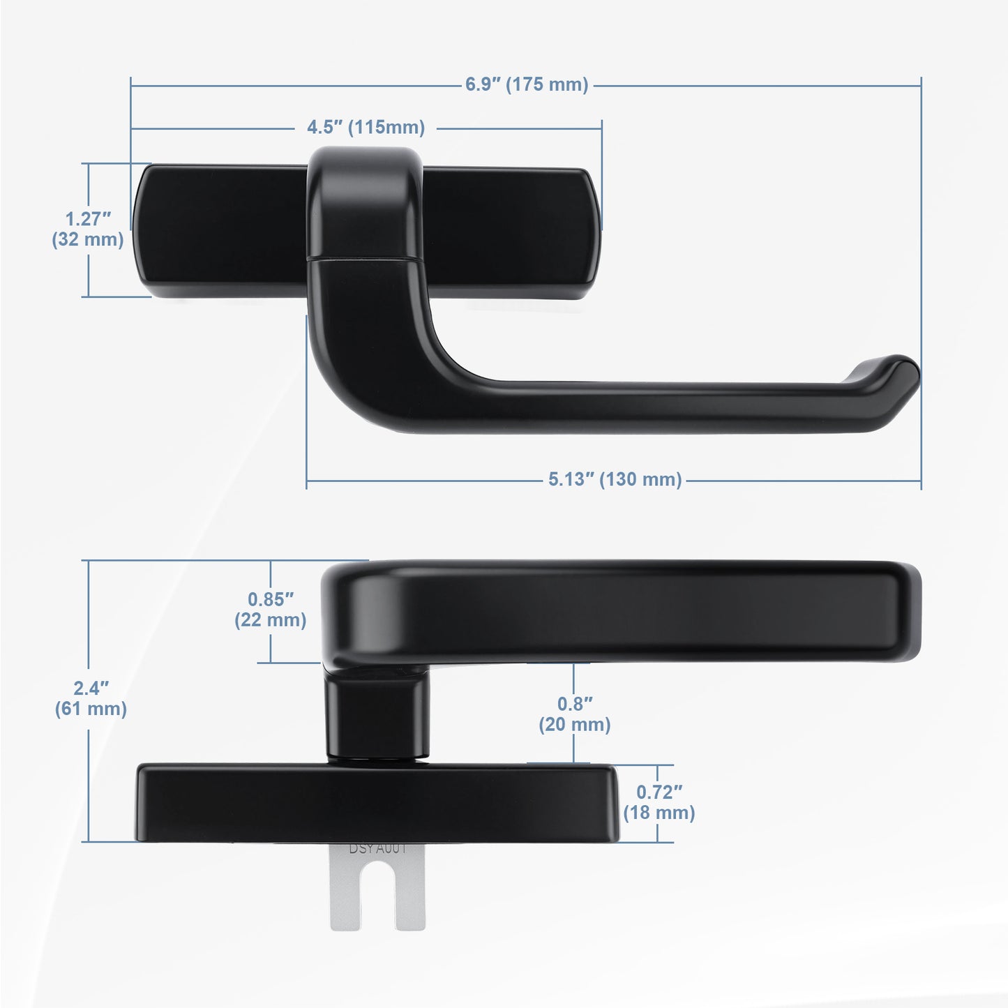 Black metal door handle set with dimension annotations showing front and side measurements in inches and millimeters on a white background.