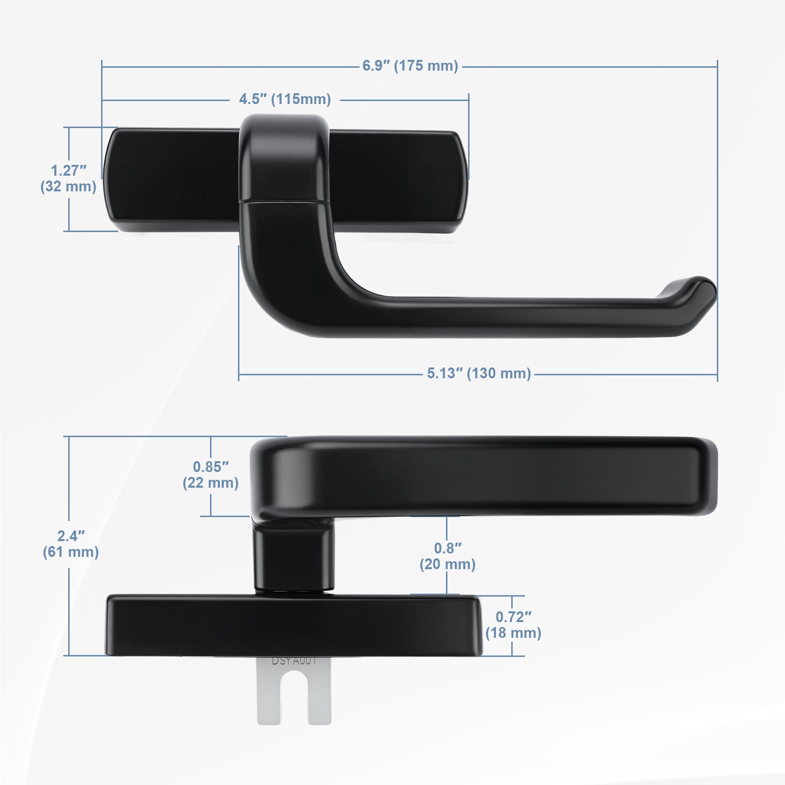 Black metal door handle set with dimension annotations showing front and side measurements in inches and millimeters on a white background.