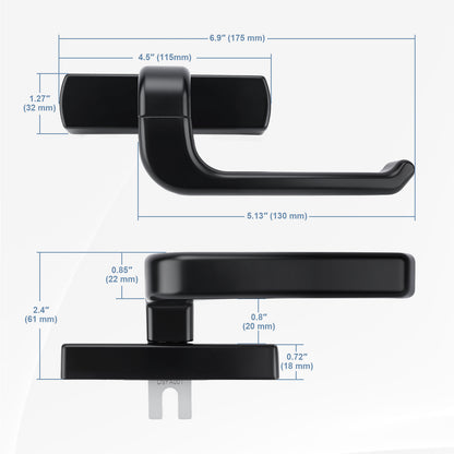 Black metal door handle set with dimension annotations showing front and side measurements in inches and millimeters on a white background.