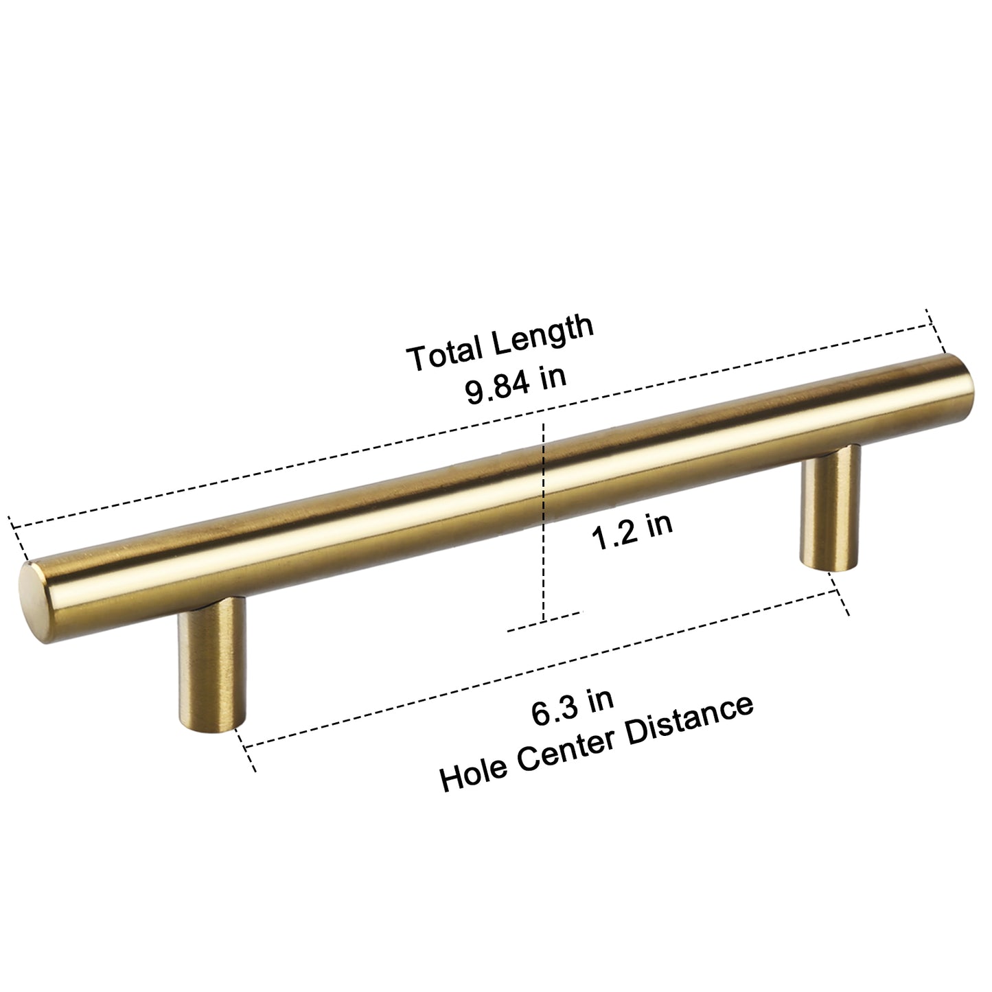 Gold cabinet handle with measurements on a white background