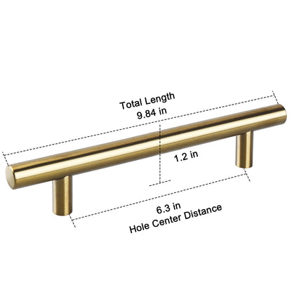 Gold cabinet handle with measurements on a white background
