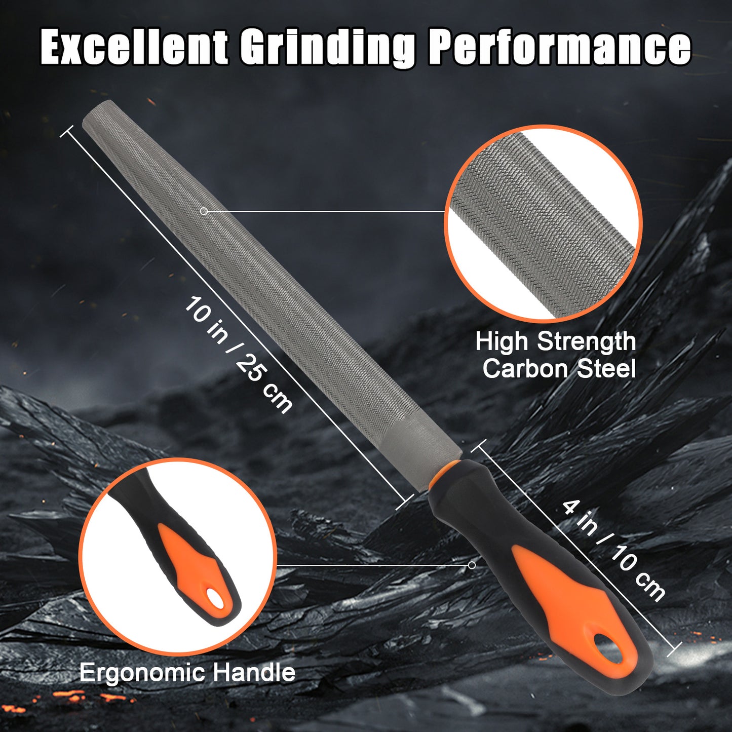 Half-Round File, High Carbon Steel with Ergonomic Rubber Handle for Wood, Metal & Plastic