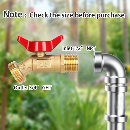 Brass valve with red handle and labeled dimensions against a blurred green background