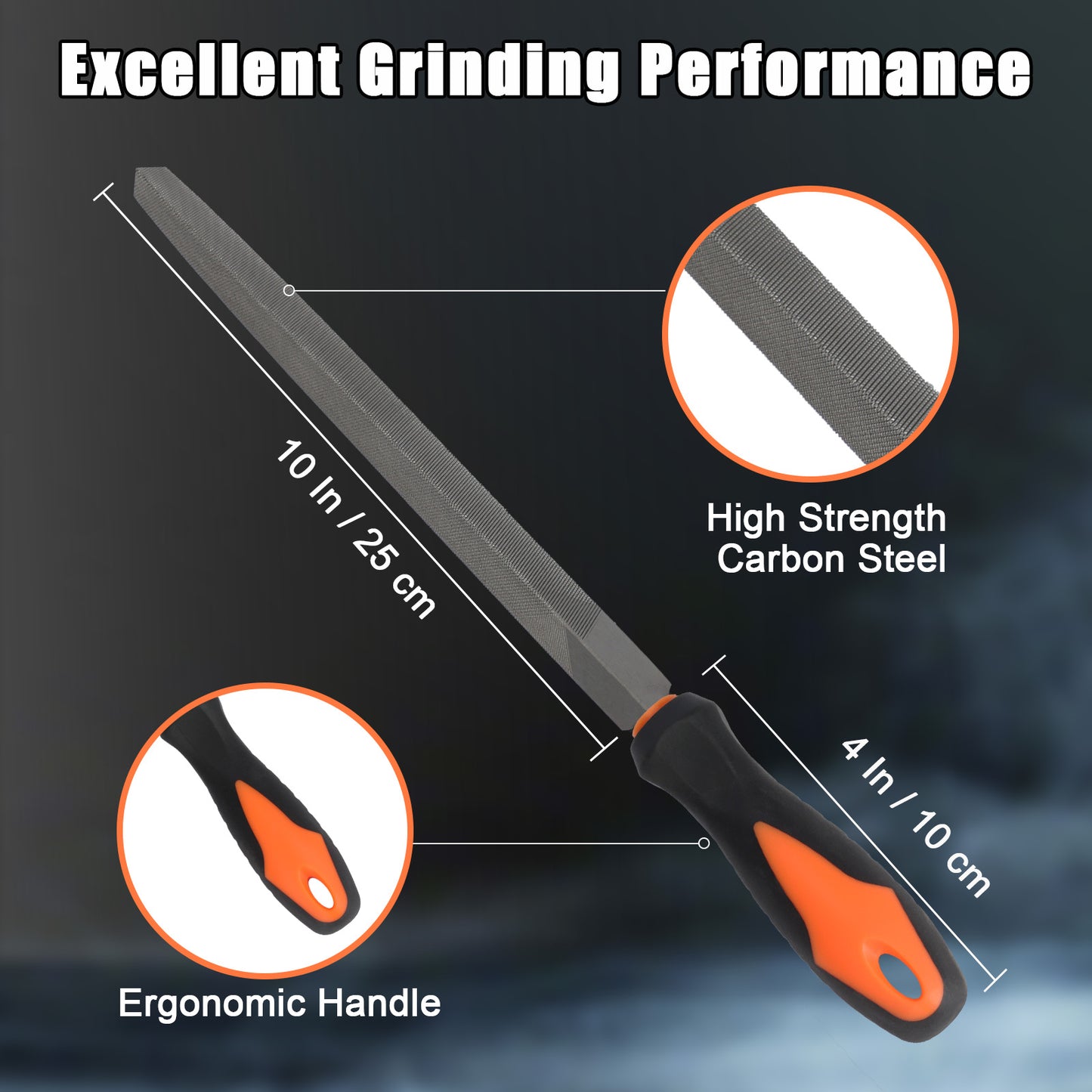 Riffler tool with measurements and features highlighted on a dark background