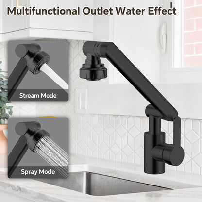Black multifunctional kitchen faucet with stream and spray modes on a tiled wall background.