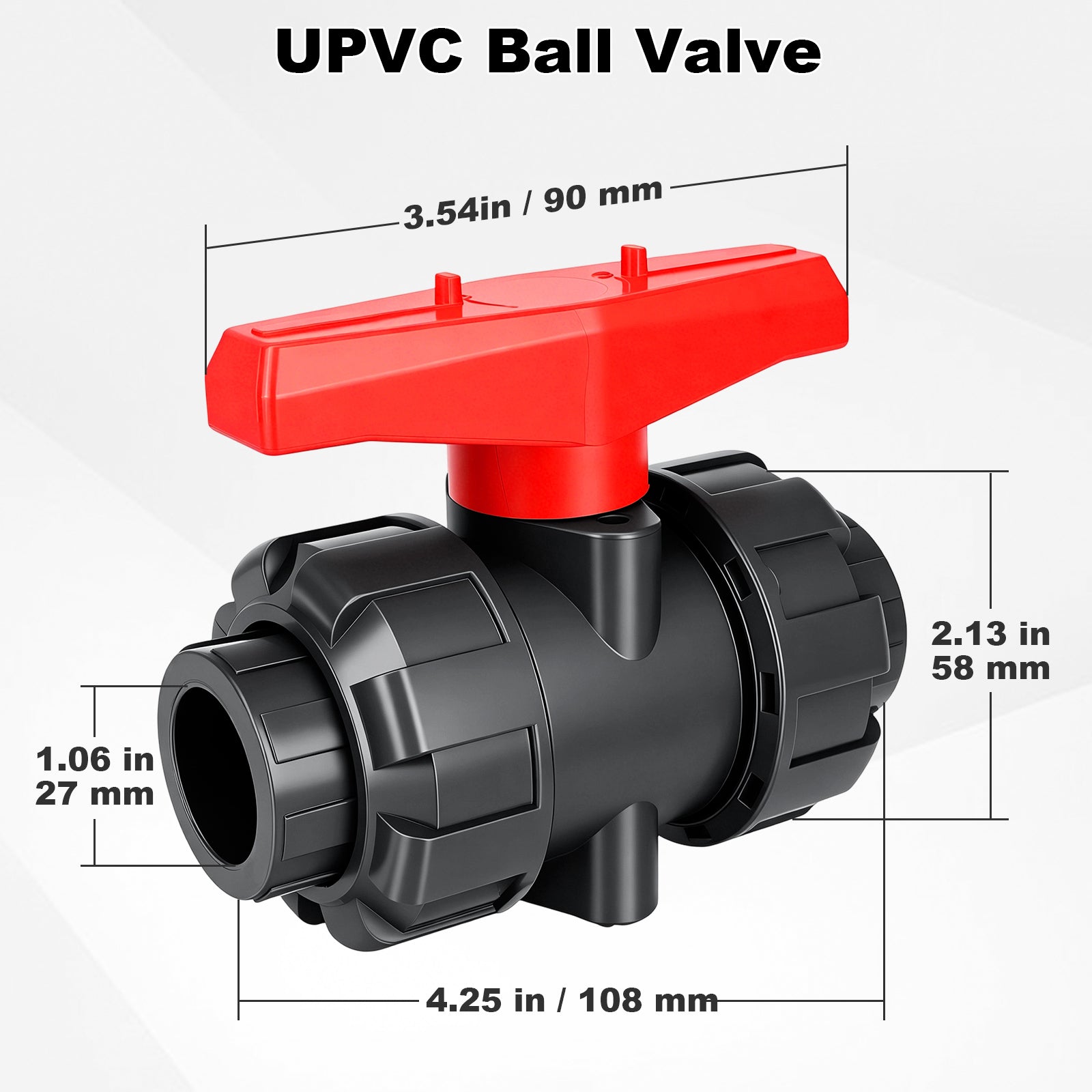 A black UPVC ball valve with a red handwheel, shown with dimension lines and text indicating measurements of 3.54 in / 90 mm, 2.