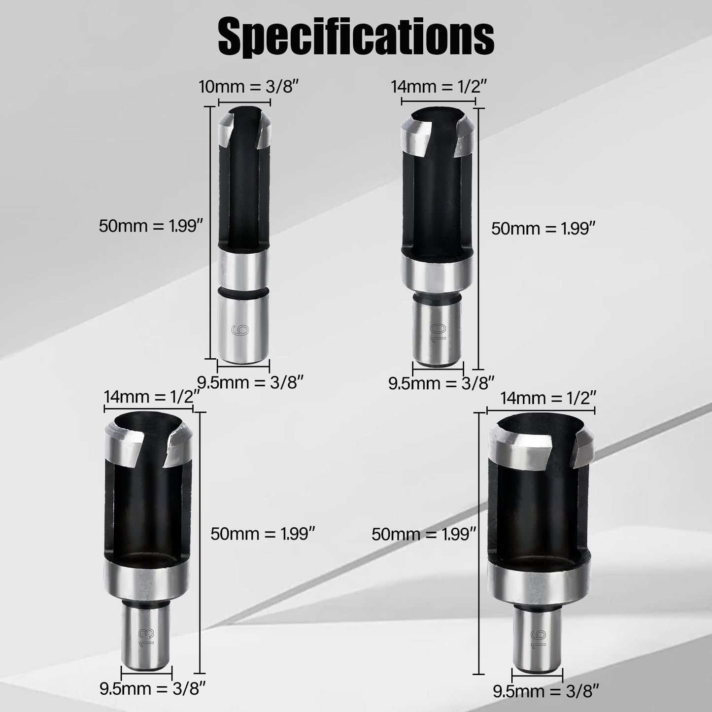 Set of drill bits with measurements on a gray background