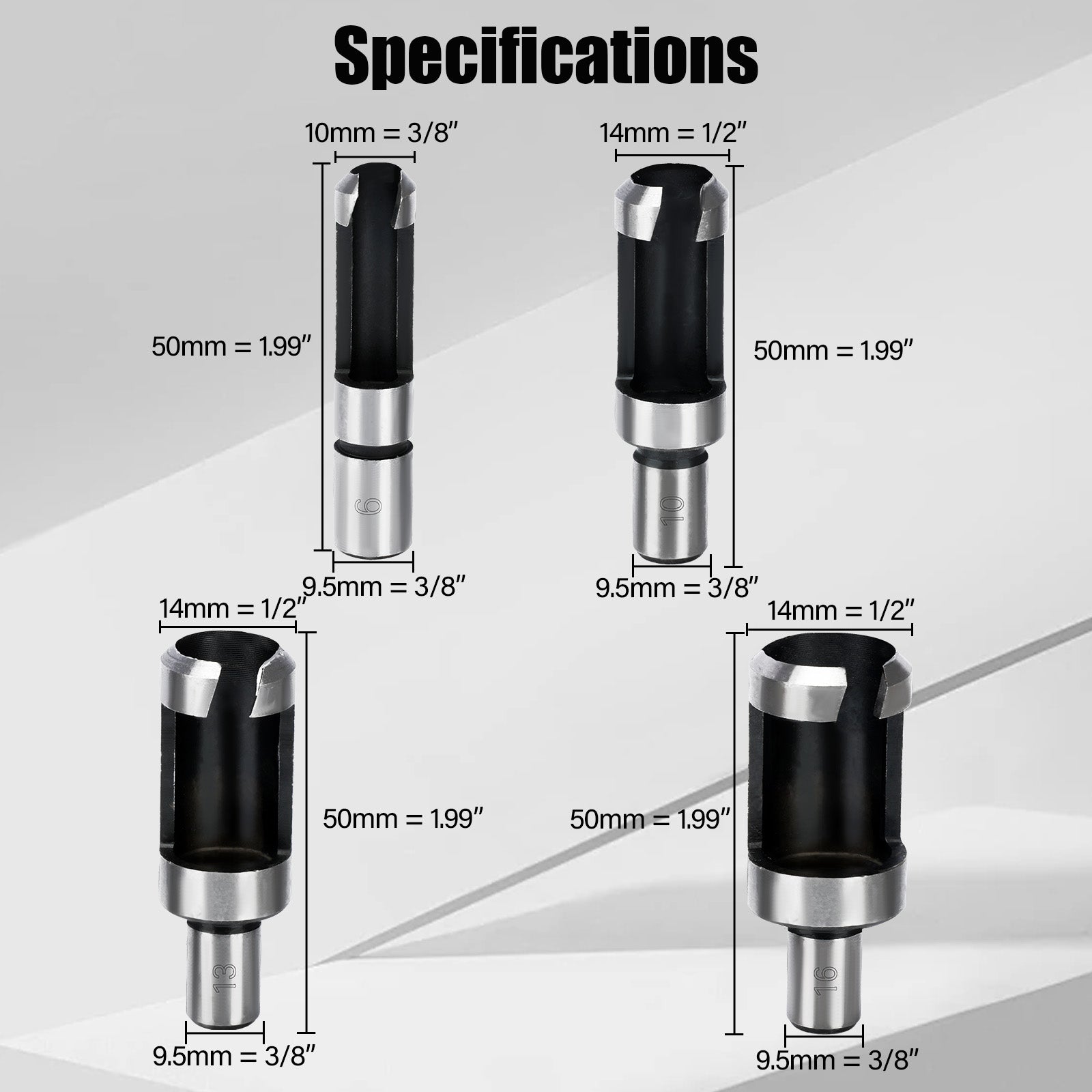 Set of drill bits with measurements on a gray background