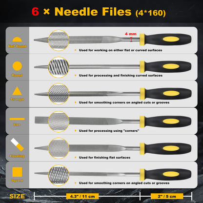 6-Piece Needle File Set, Alloy Steel Mini Files for Metal, Wood, Plastic, 6 Shapes