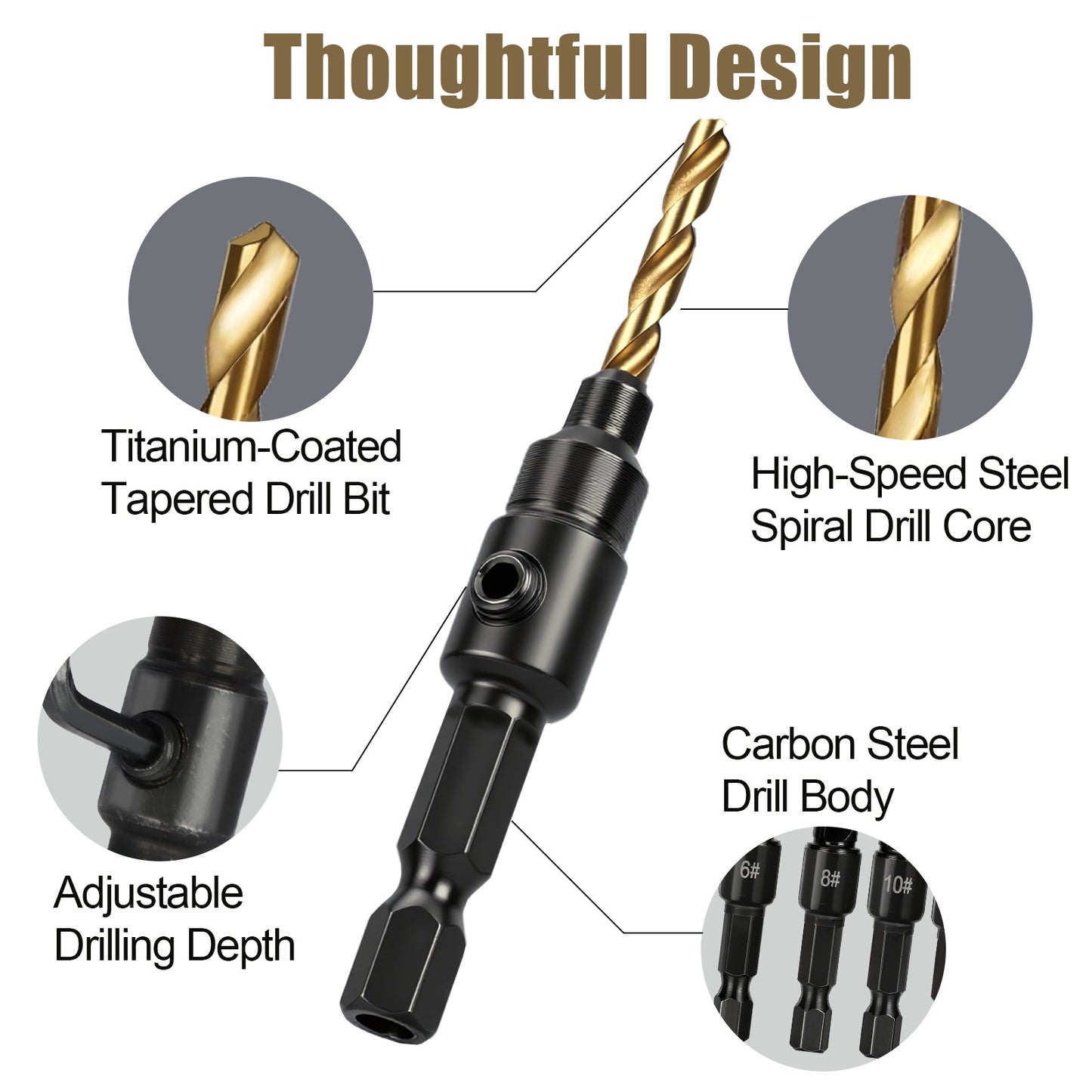 Countersink Drill Bit Set – 5PCS Adjustable HSS Titanium Coated Bits for Woodworking & DIY