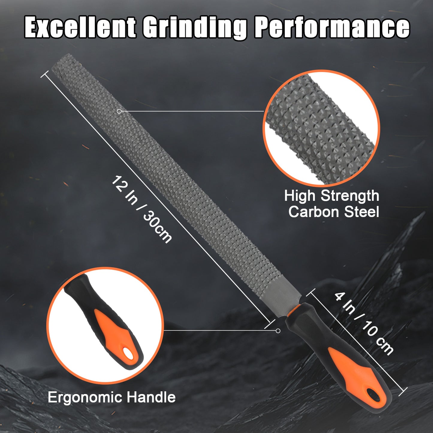 Rasp with high strength carbon steel and ergonomic handle on a dark background