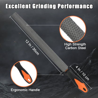 Rasp with high strength carbon steel and ergonomic handle on a dark background
