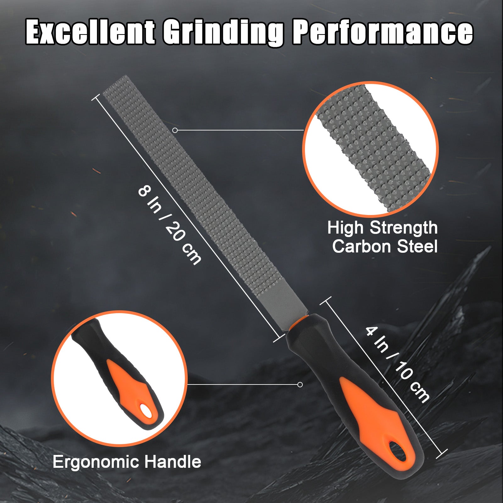 Rasp with ergonomic handle and high strength carbon steel, labeled on a dark background