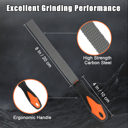 Rasp with ergonomic handle and high strength carbon steel, labeled on a dark background