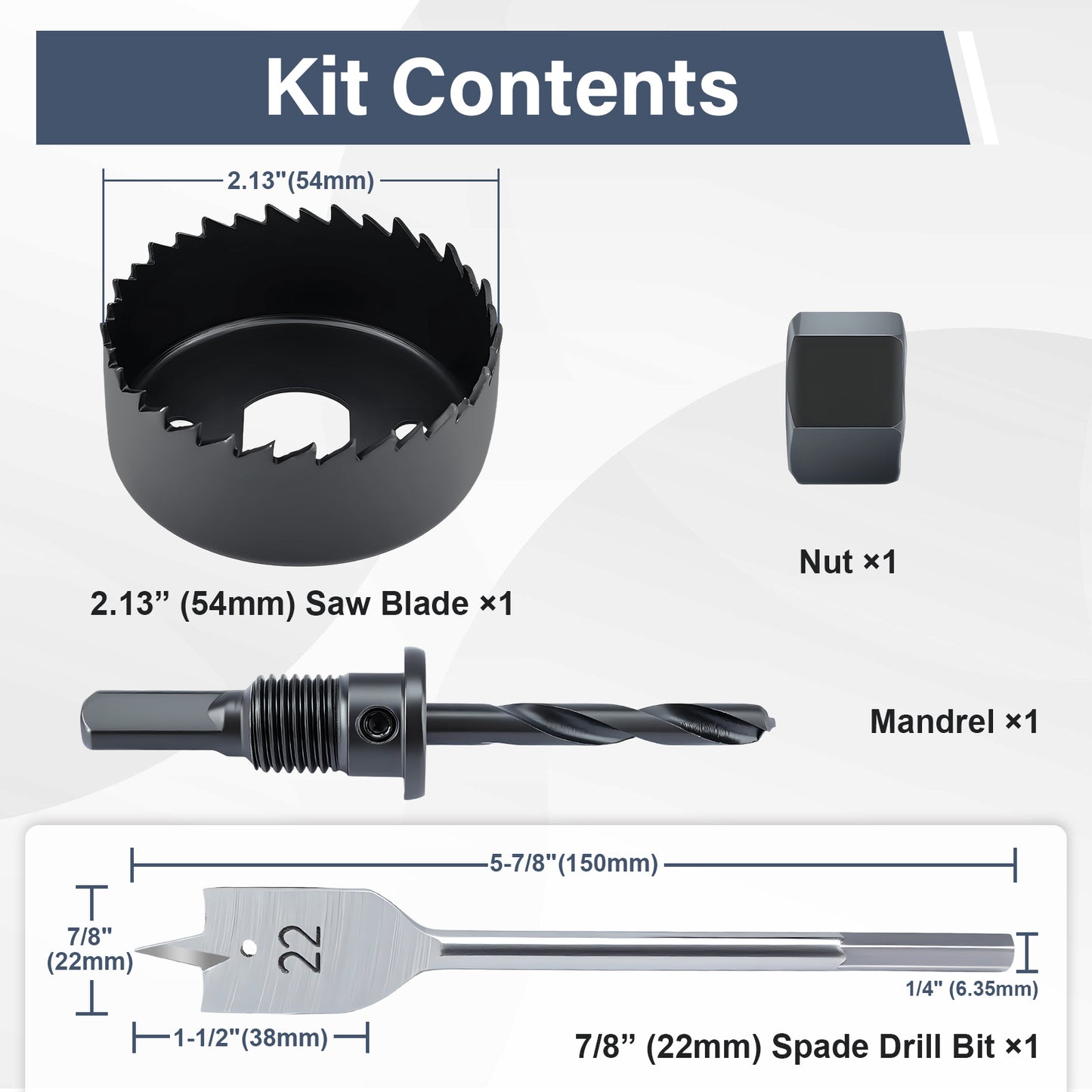 Tool kit contents with measurements and descriptions on a white background