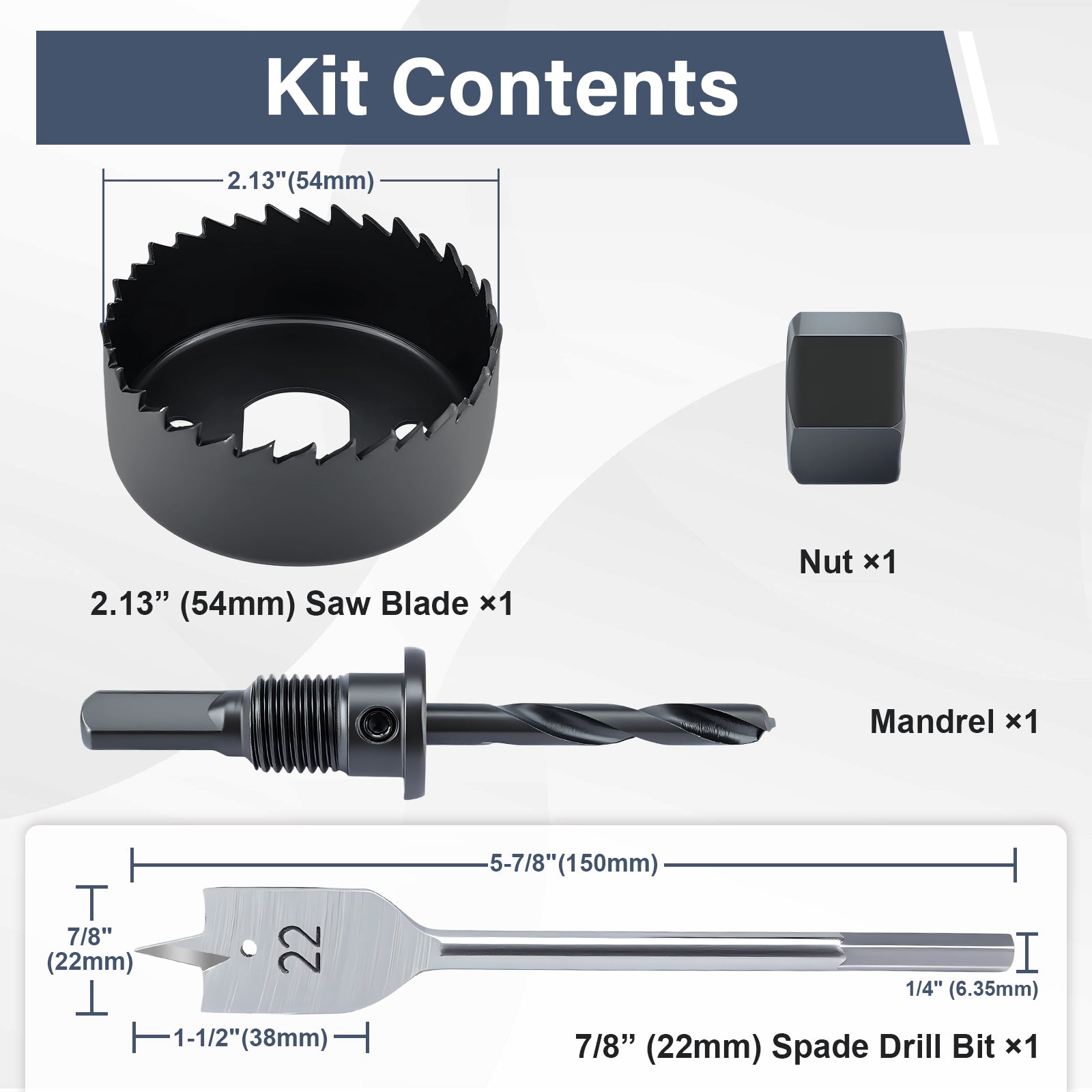 Tool kit contents with measurements and descriptions on a white background