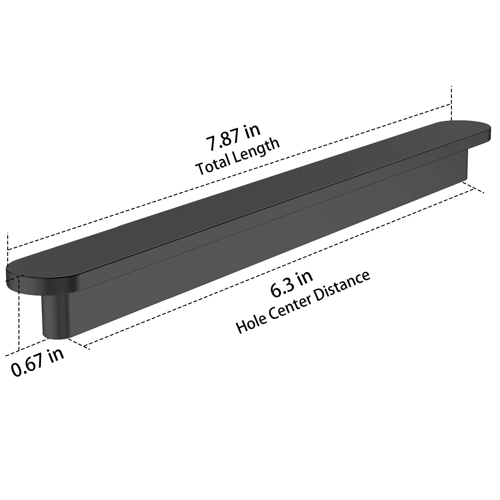 Black cabinet handle with measurements on a white background