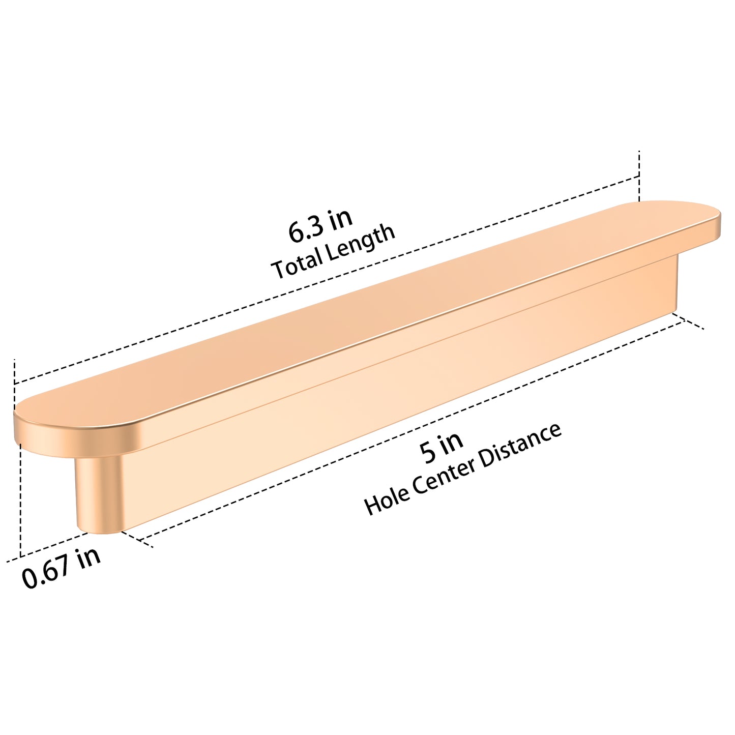 Cabinet handle with dimensions labeled on a white background