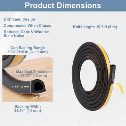 Roll of D-shaped door/window seal with product dimensions on a white background