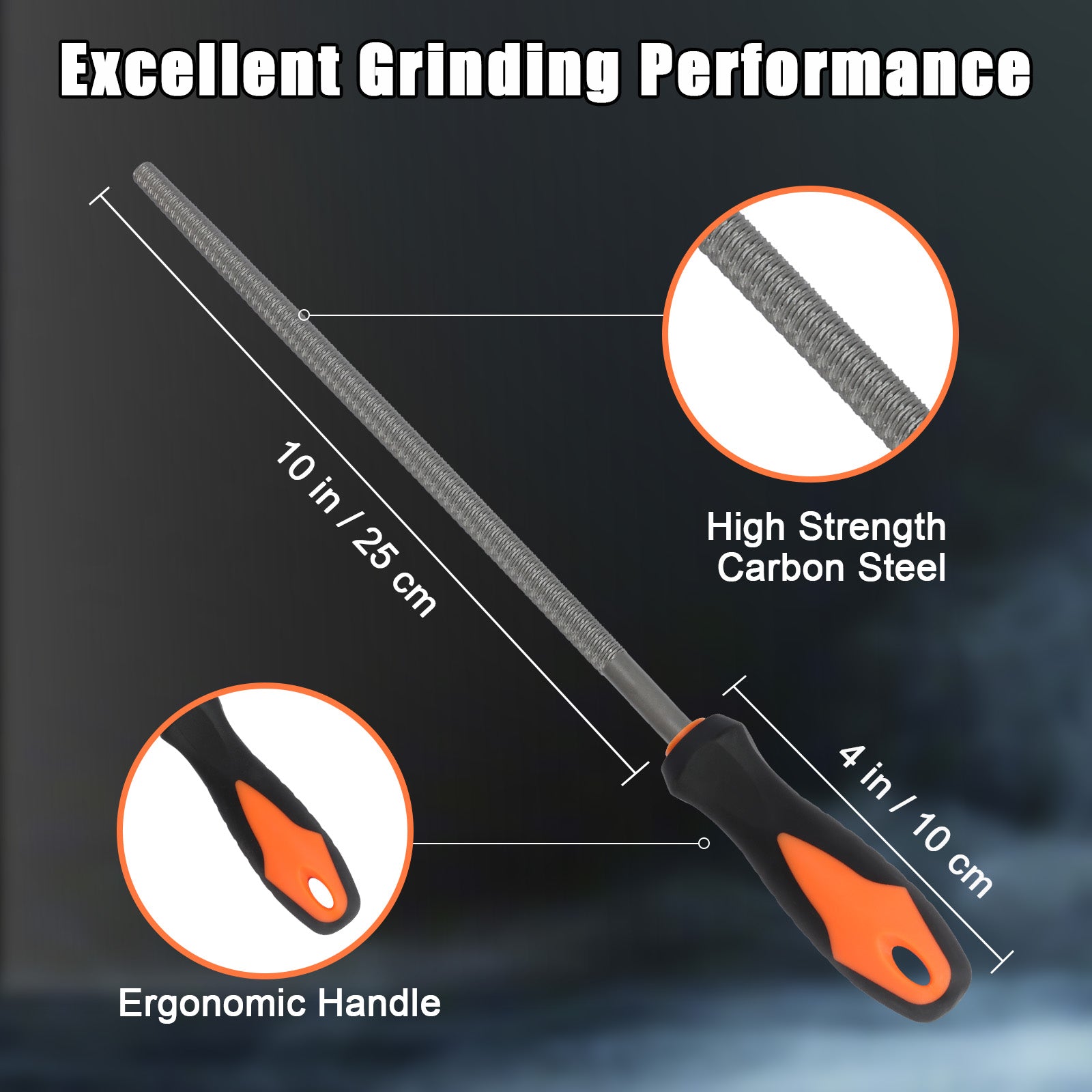 Grinding tool with ergonomic handle and high strength carbon steel, labeled 'Excellent Grinding Performance'.