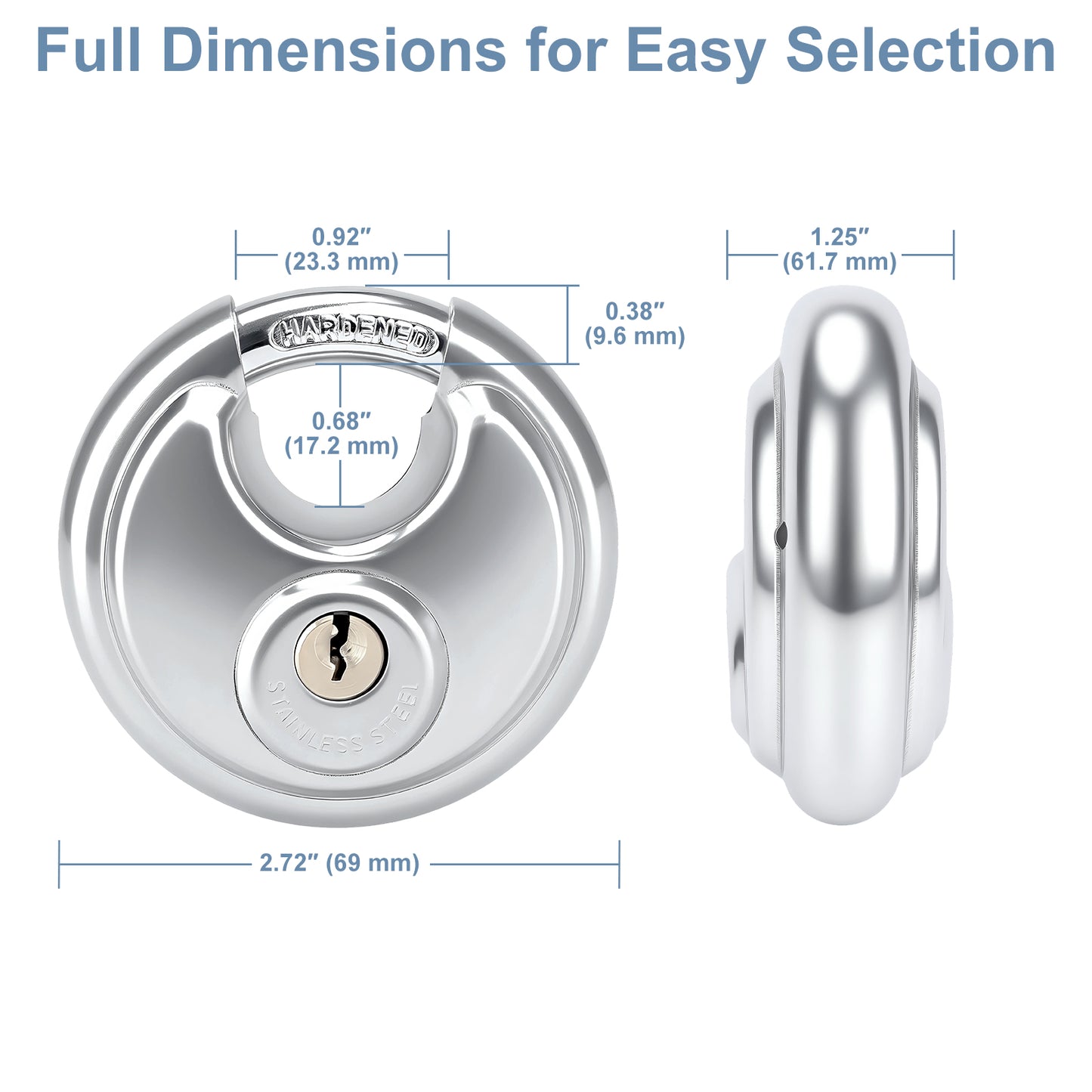 Silver door lock with dimensions labeled on a white background