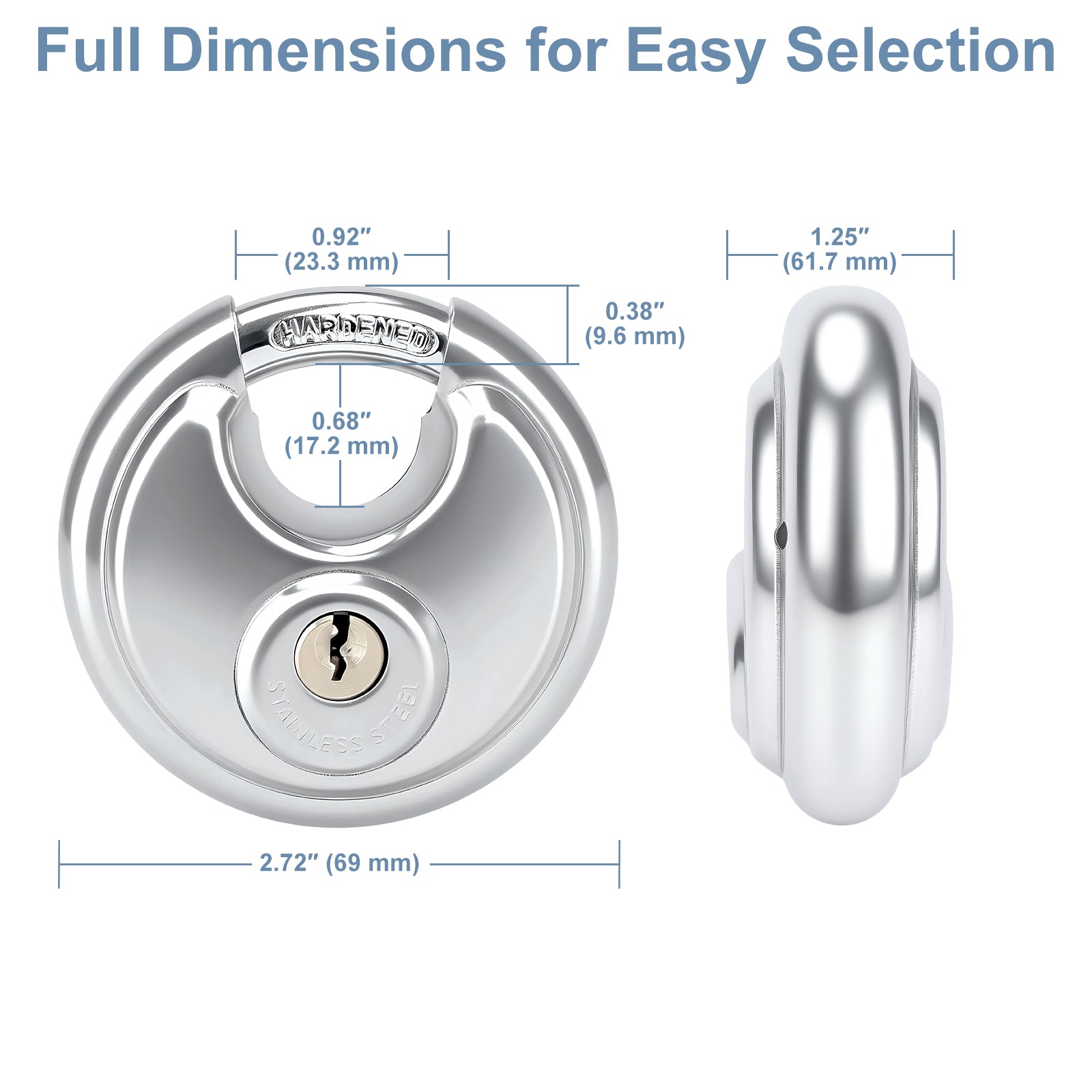 Silver door lock with dimensions labeled on a white background