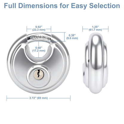 Silver door lock with dimensions labeled on a white background