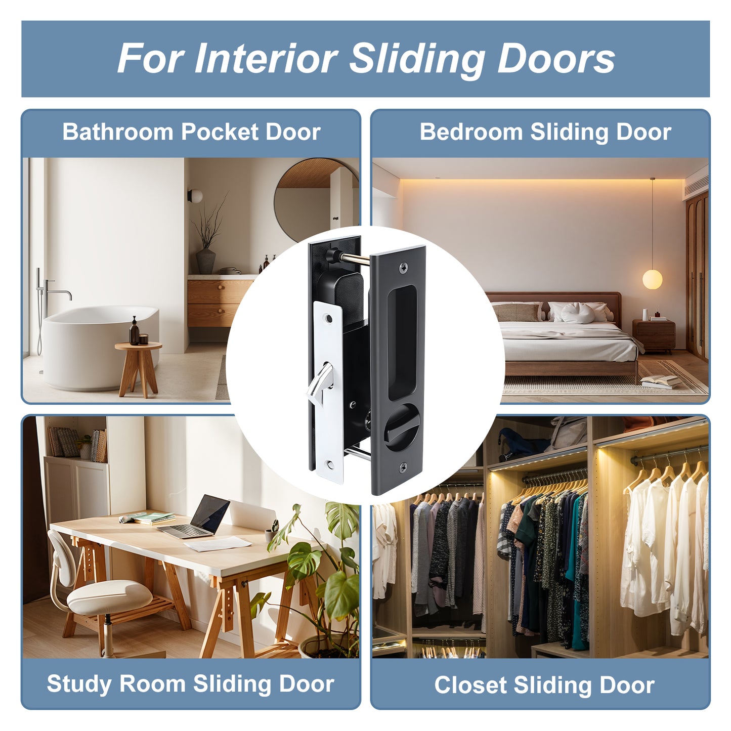 Collage of sliding door applications with a close-up of a lock mechanism.