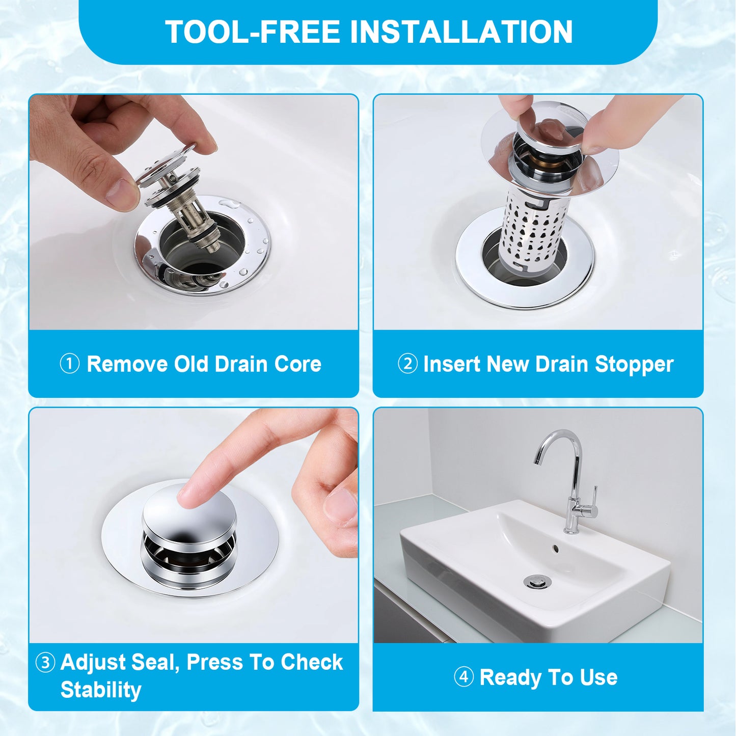 Instruction graphic for a sink drain stopper showing four steps: removing the old drain core, inserting the new drain stopper, adjusting the seal, and ready to use on a white sink.