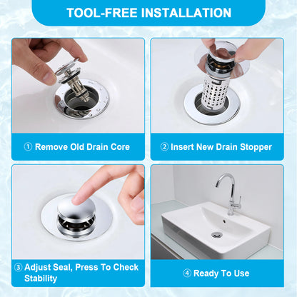 Instruction graphic for a sink drain stopper showing four steps: removing the old drain core, inserting the new drain stopper, adjusting the seal, and ready to use on a white sink.