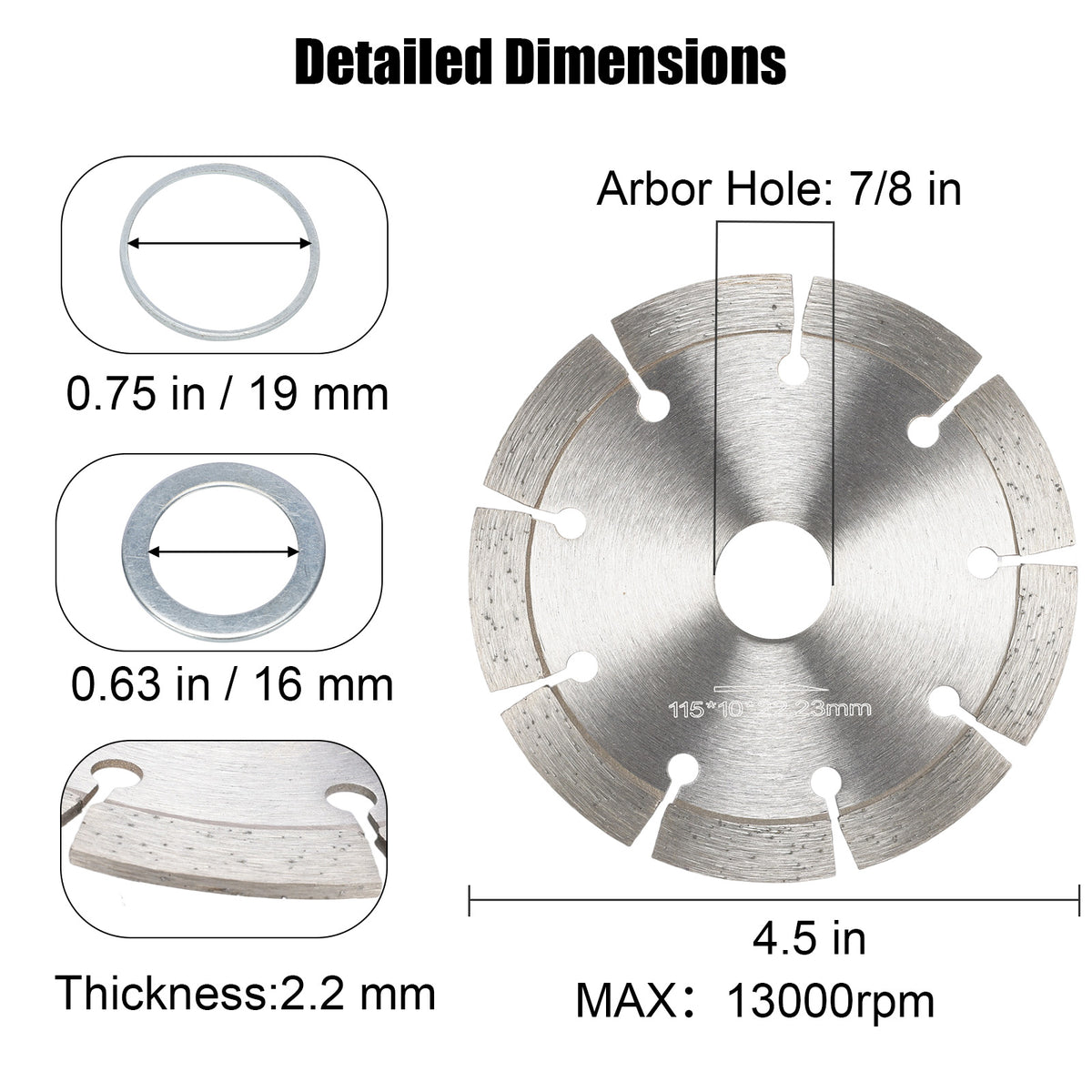 Detailed dimensions diagram of a circular metal diamond saw blade, showing the arbor hole size, diameter, thickness, and maximum RPM with measurement labels and callouts.