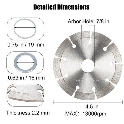 Detailed dimensions diagram of a circular metal diamond saw blade, showing the arbor hole size, diameter, thickness, and maximum RPM with measurement labels and callouts.