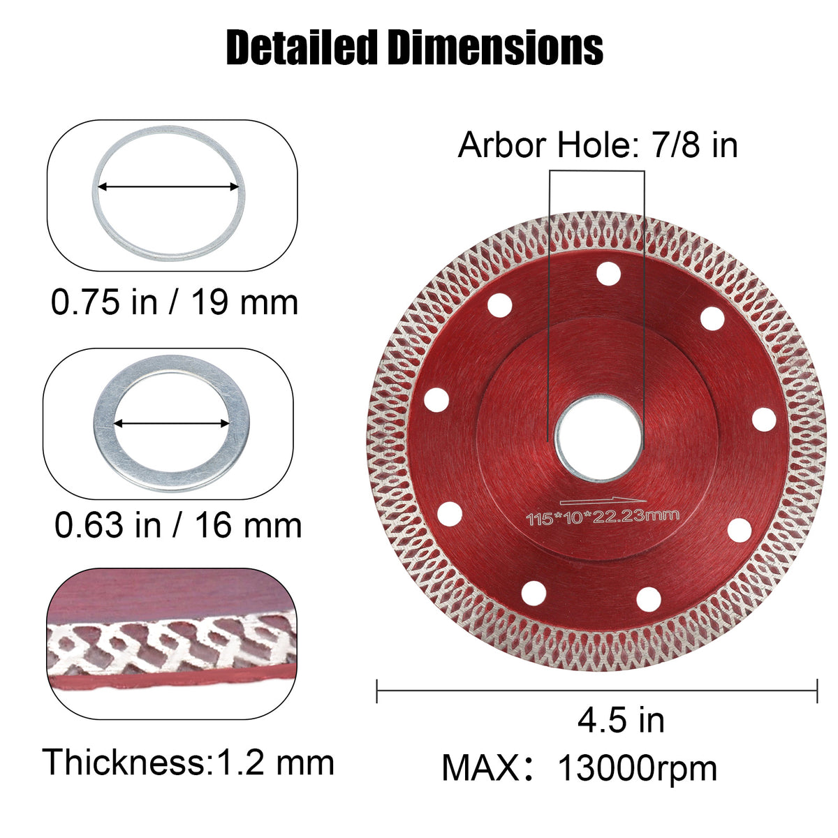 Detailed dimensions diagram of a red circular saw blade with arbor hole 7/8 in, 4.5 in diameter, 1/4 inch tooth pattern, and 1.